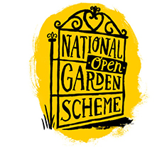 National Garden Scheme open day logo; a yellow background with an ornate garden gate saying 'open' on it.