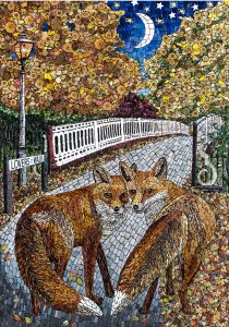 Mosaic of two foxes walking away together on a road called Lover's Lane.